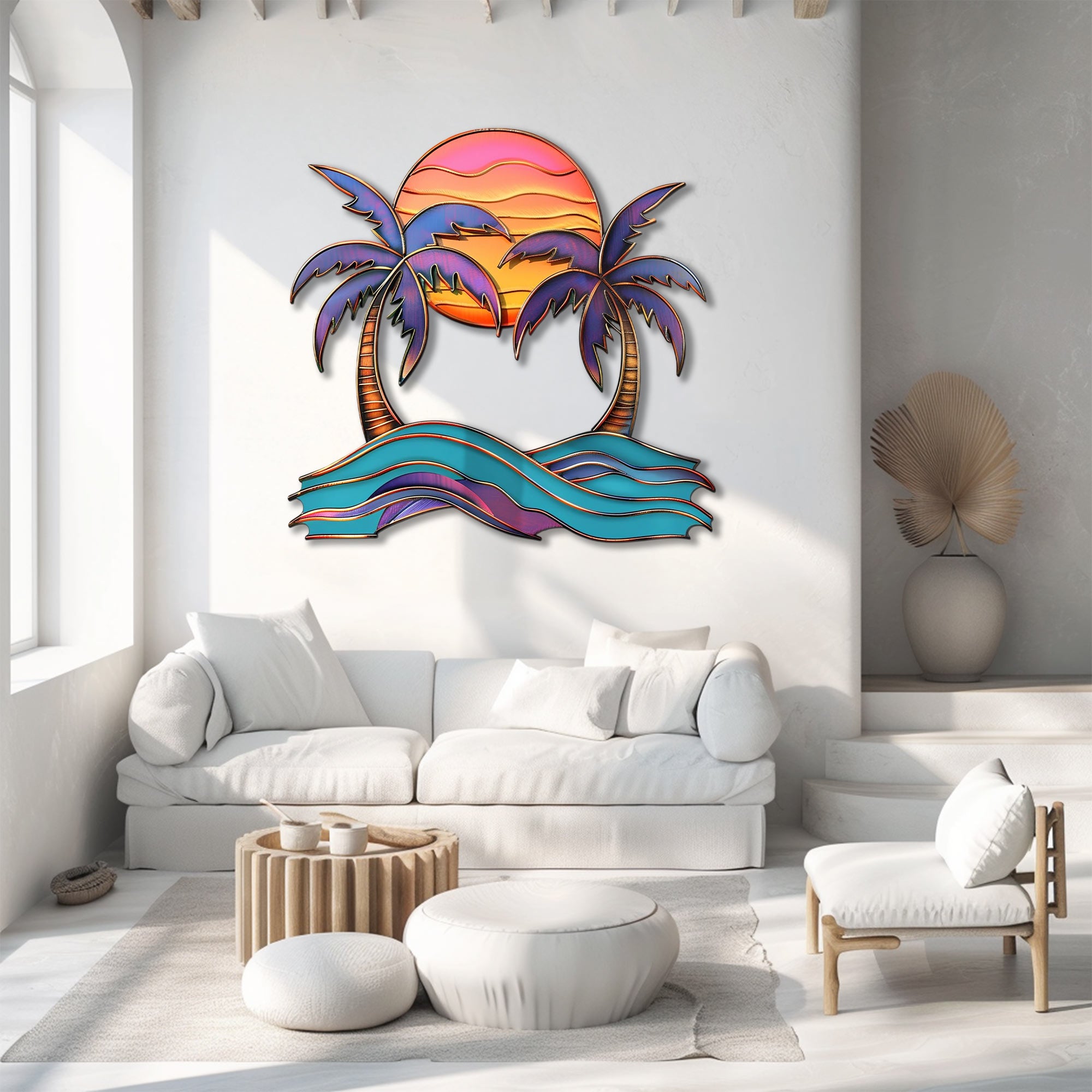 Vibrant sunset palm trees metal wall art with purple palm leaves pink sun gradient ocean waves coastal beach aluminum wall decor