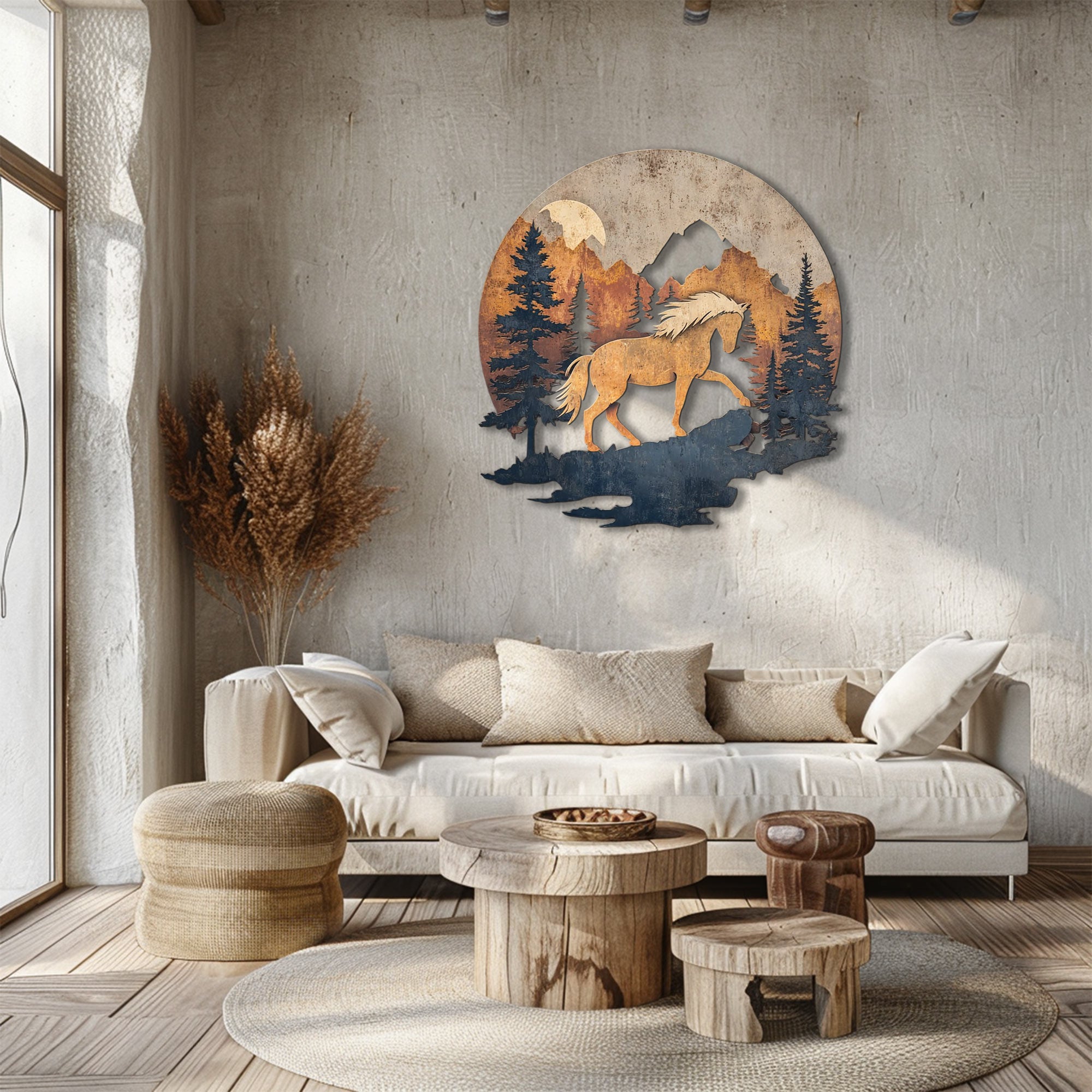 Mountain horse metal wall art with pine forest and rustic wilderness scenery