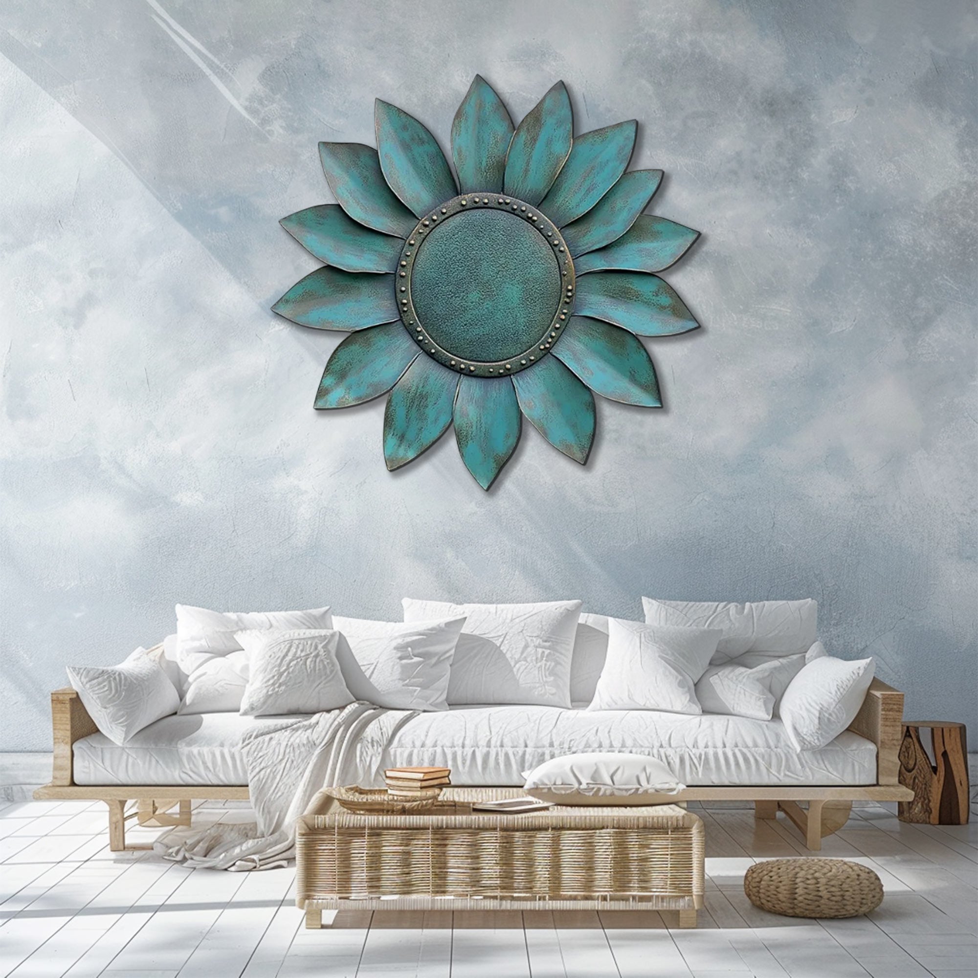 Turquoise Sunflower UV printed aluminum metal wall art for rustic garden patio and farmhouse decor