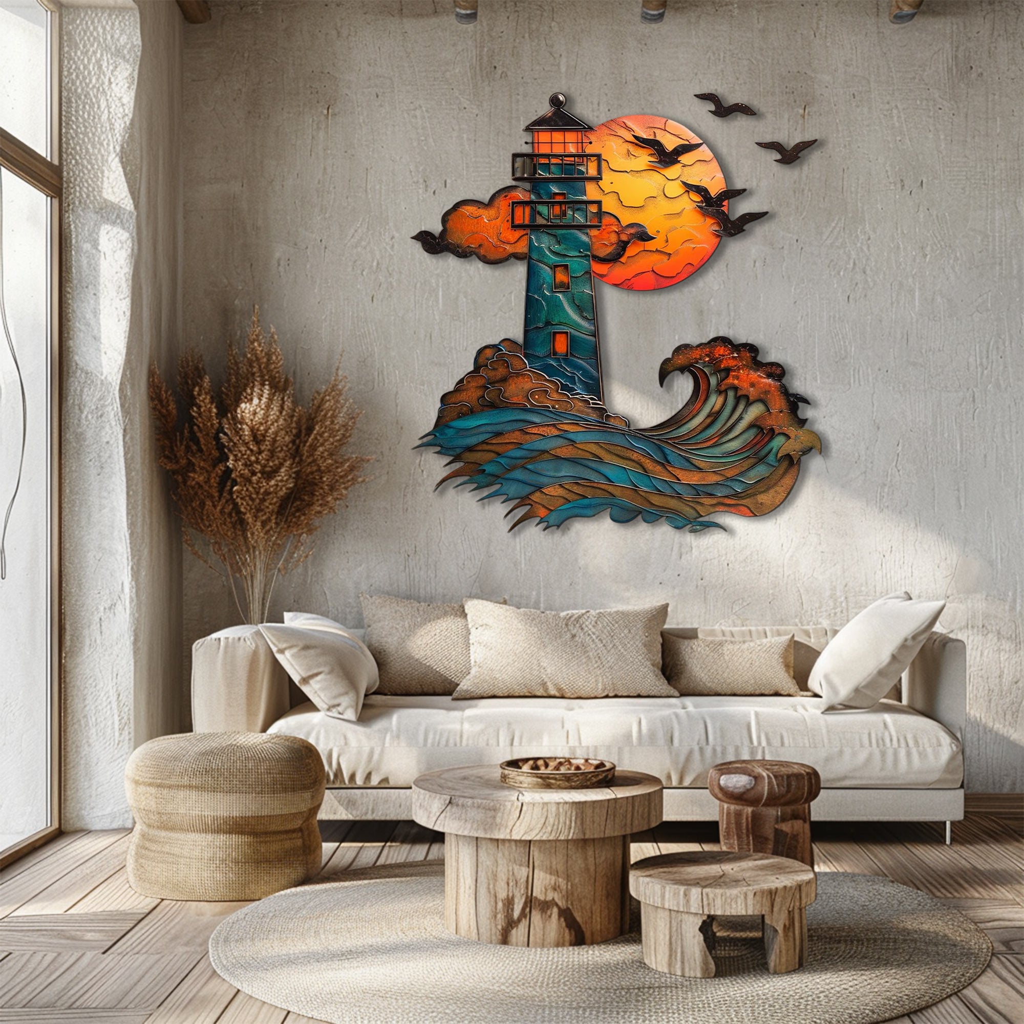 Lighthouse Ocean Wave UV printed aluminum metal wall art for coastal beach house living room and patio decor