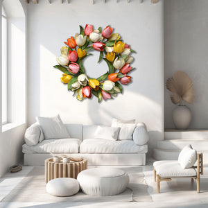 Tulip flower wreath metal wall art with colorful spring floral design mounted on textured wall