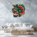 Tropical watermelon metal wall art with lush botanical leaves for summer kitchen decor