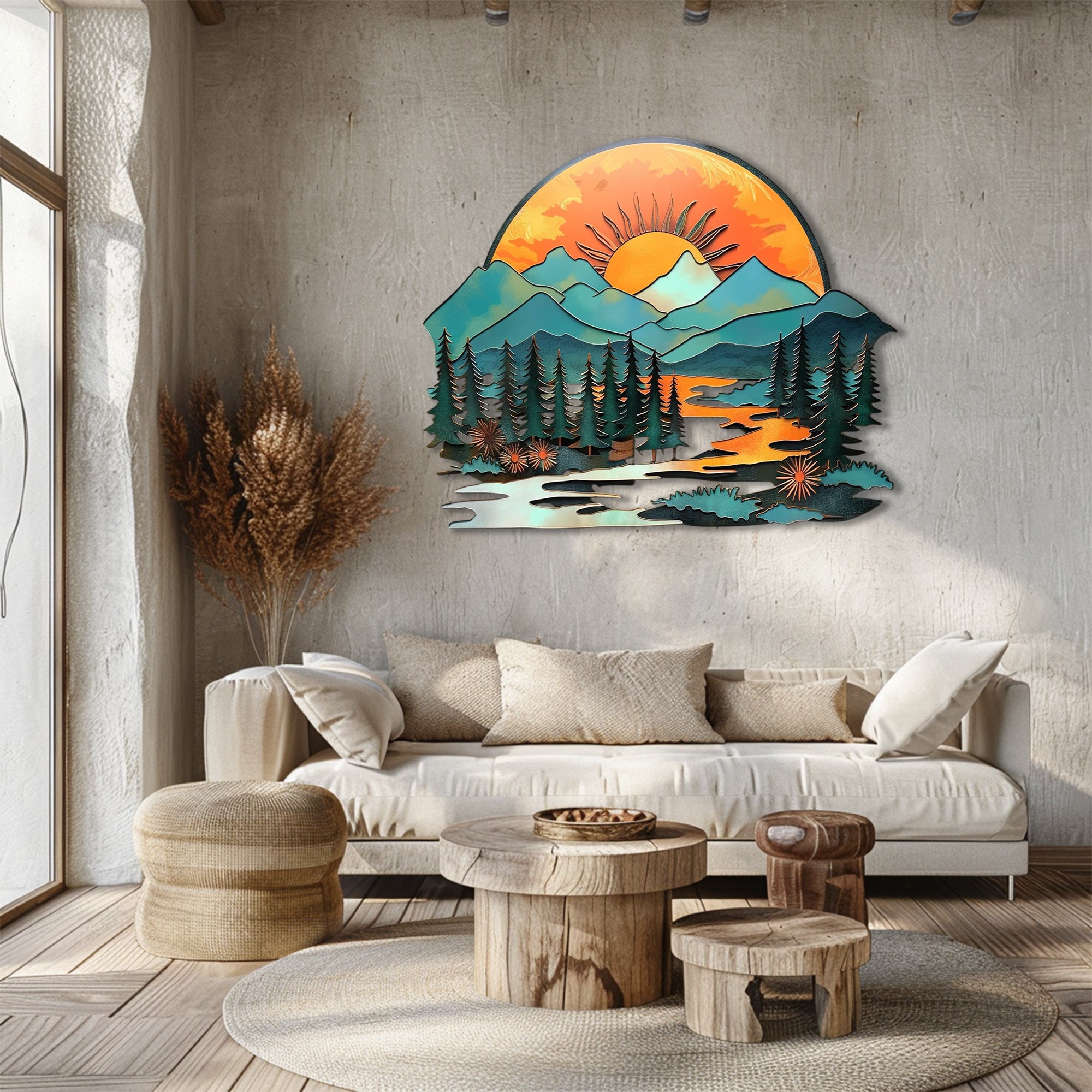 Mountain river sunset metal wall art rustic landscape decor