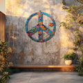 Turquoise Floral Peace Sign UV printed aluminum metal wall art for boho patio garden and living room decor