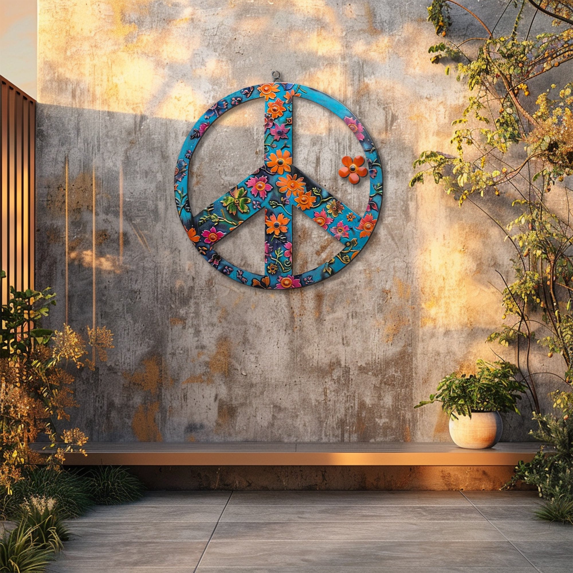 Turquoise Floral Peace Sign UV printed aluminum metal wall art for boho patio garden and living room decor