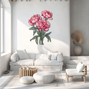 Pink peony flower metal wall art with elegant floral design mounted on textured wall