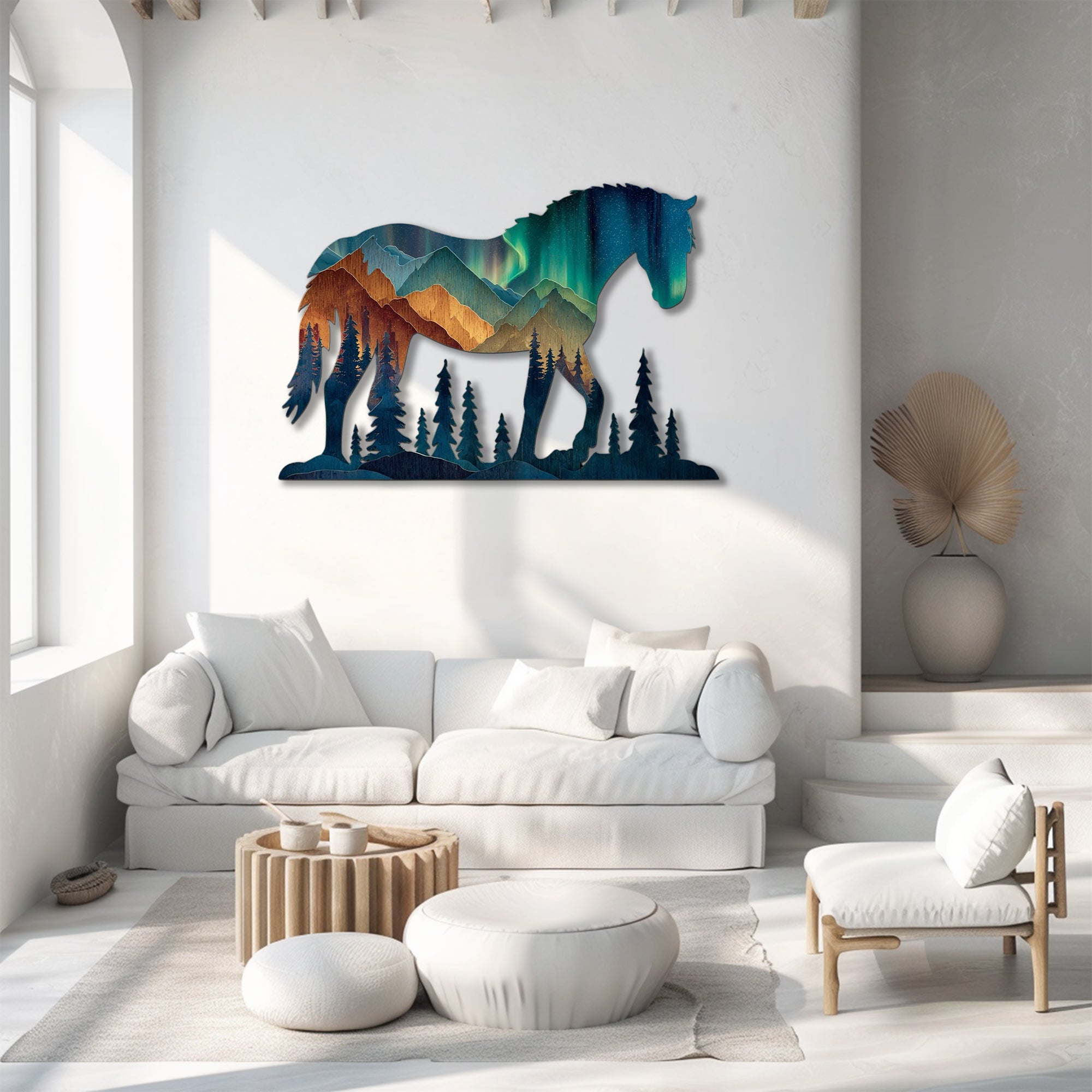 Aurora horse metal wall art with mountain landscape and northern lights wilderness scenery