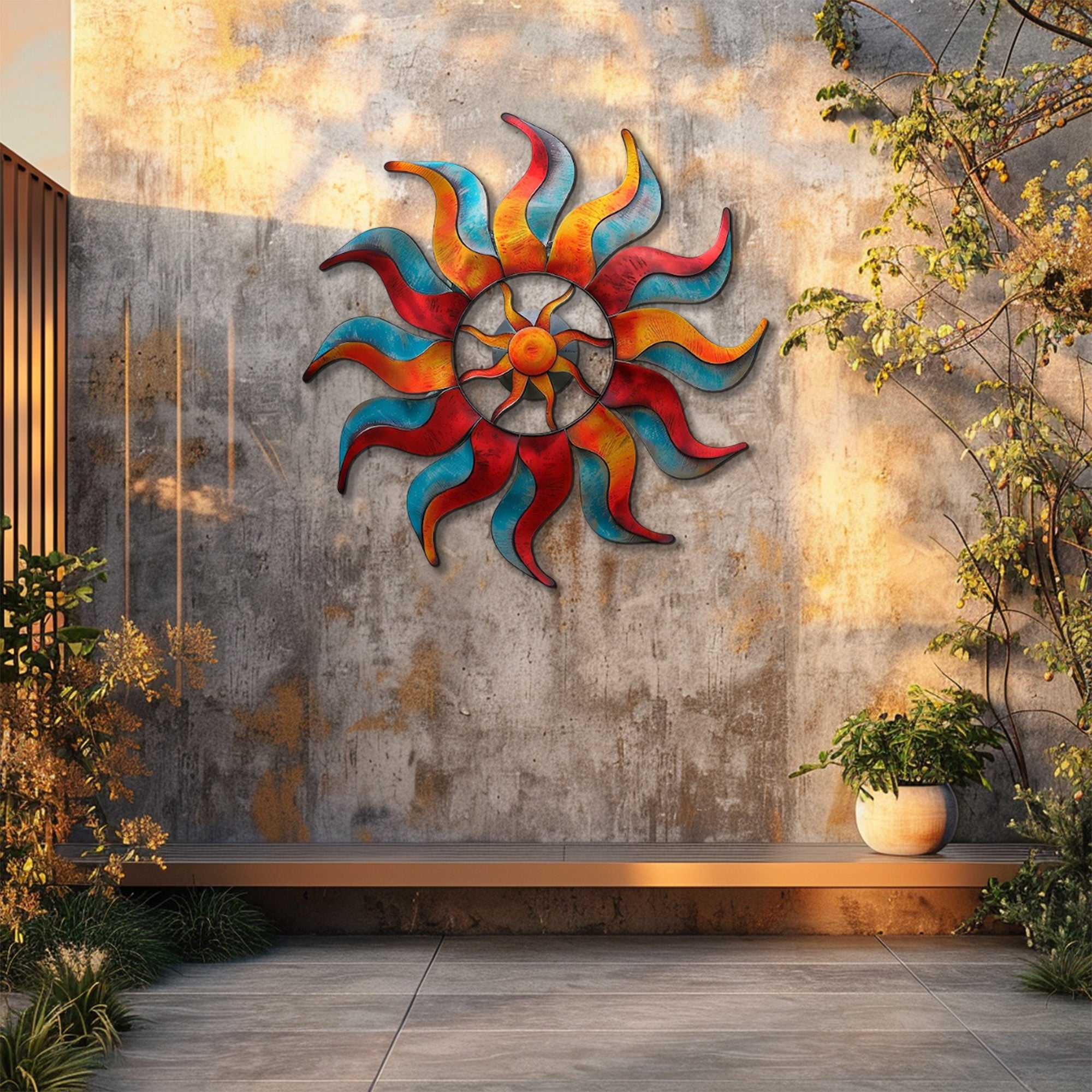 Wavy Sun UV printed aluminum metal wall art for colorful patio garden and outdoor wall decor