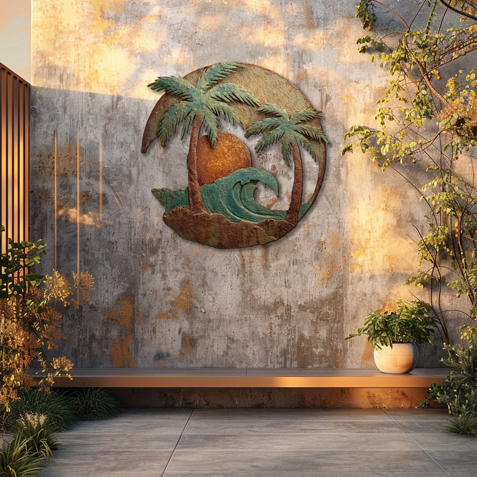 Tropical palm tree metal wall art with ocean wave and sunset design mounted on textured wall