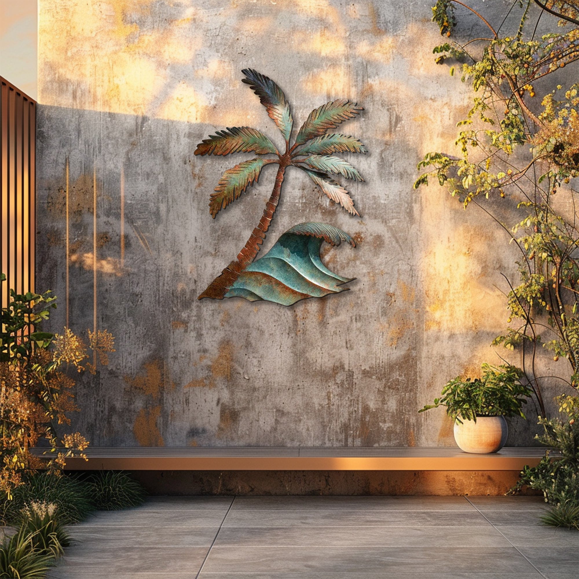Palm tree ocean wave metal wall art with tropical coastal design mounted on beige wall