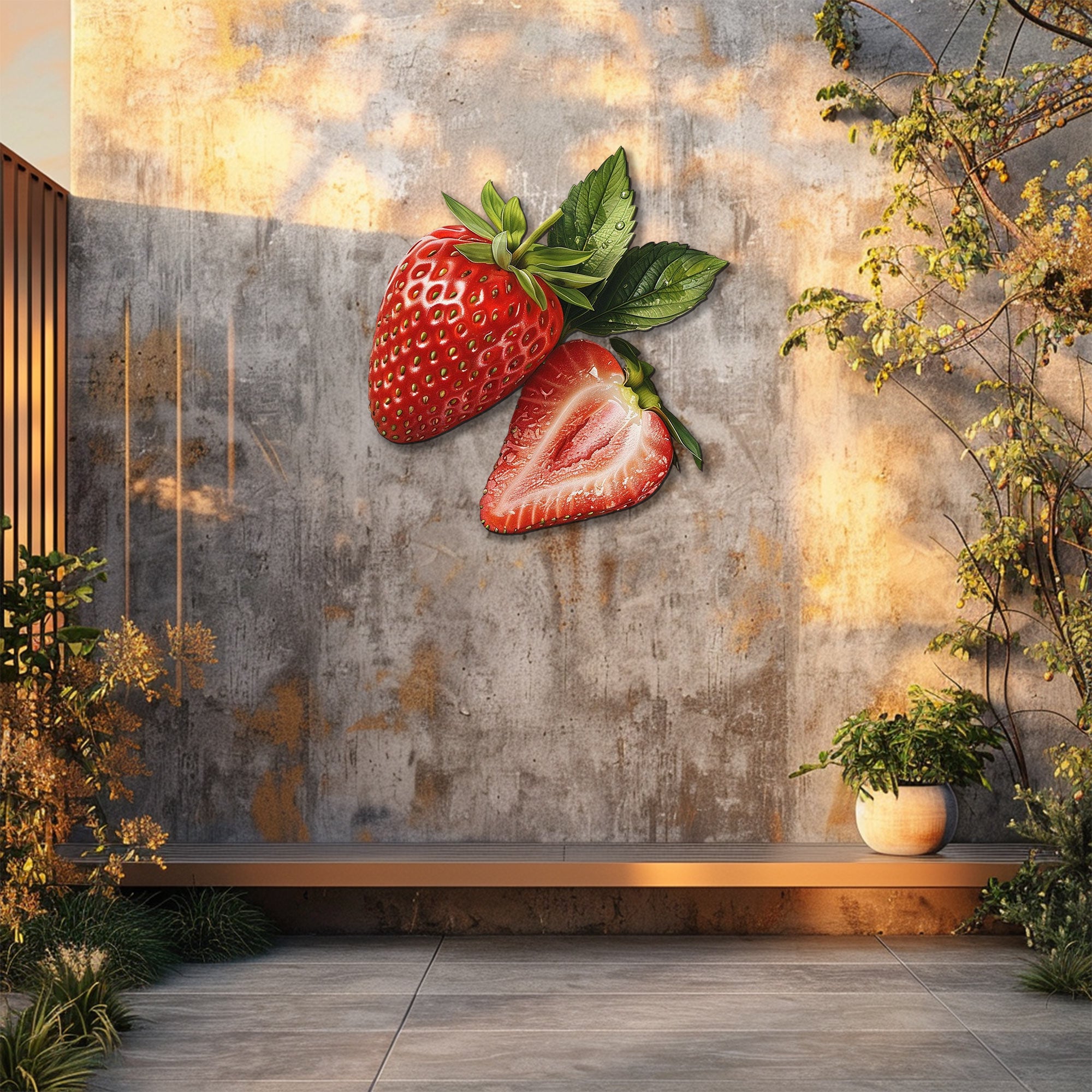 Strawberry botanical metal wall art with ripe fruit and leafy greenery for farmhouse kitchen decor