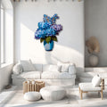 Blue hydrangea bouquet metal wall art with floral vase arrangement