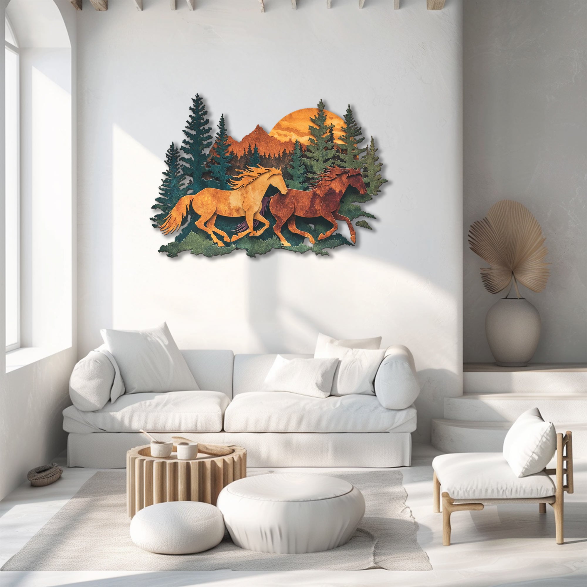 Running horses metal wall art with mountain wilderness and pine forest scenery