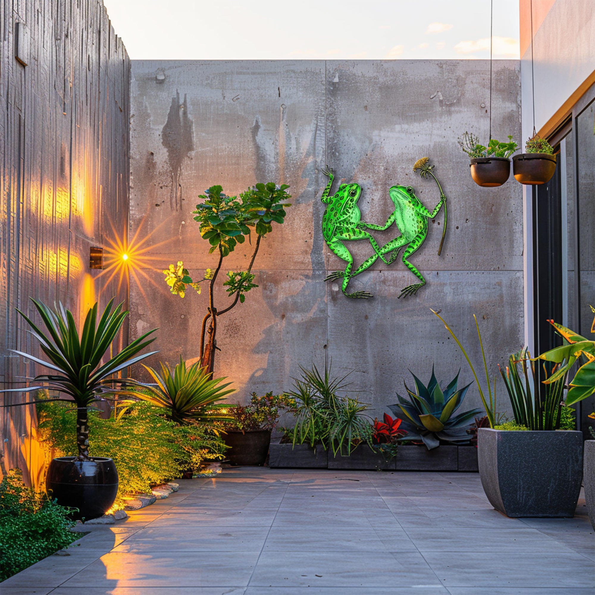 Green frog couple metal wall art with flower whimsical garden aluminum wall decor