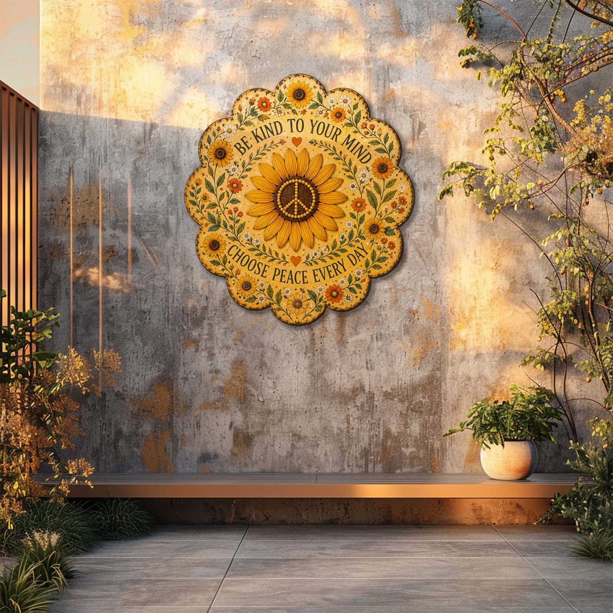 Be Kind Sunflower Peace UV printed aluminum metal wall art for inspirational floral living room bedroom and patio decor
