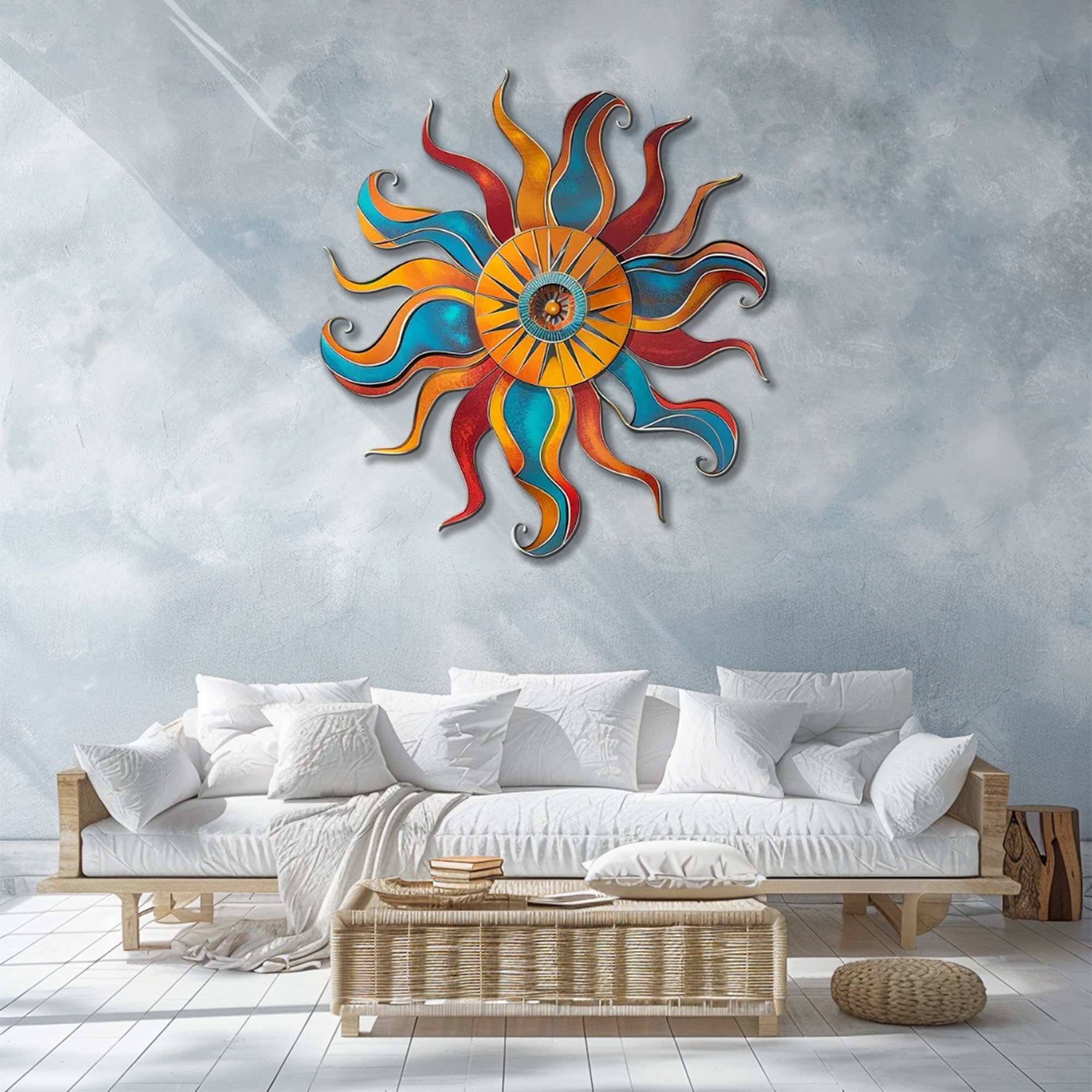 Colorful Sun UV printed aluminum metal wall art for abstract patio garden and living room decor