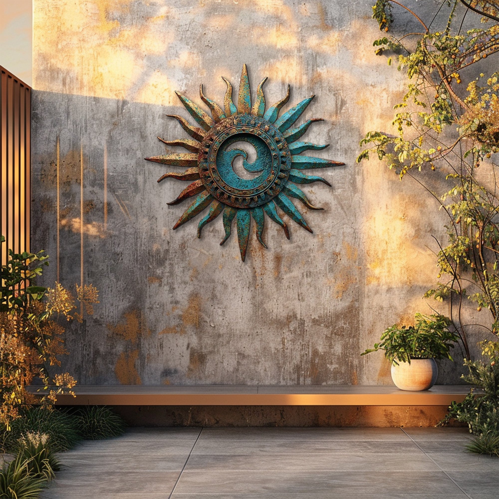 Celestial spiral sun metal wall art rustic southwestern decor