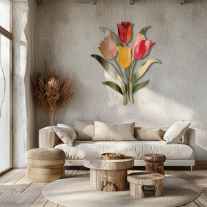 Pastel tulip stem metal wall art with colorful floral botanical design mounted on textured wall