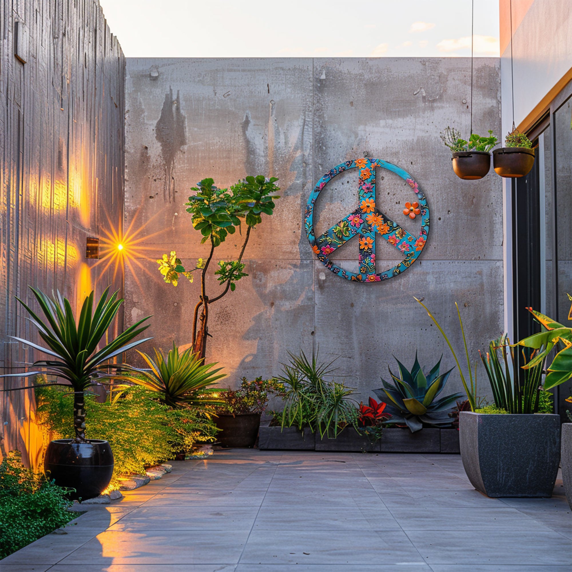 Turquoise Floral Peace Sign UV printed aluminum metal wall art for boho patio garden and living room decor 1