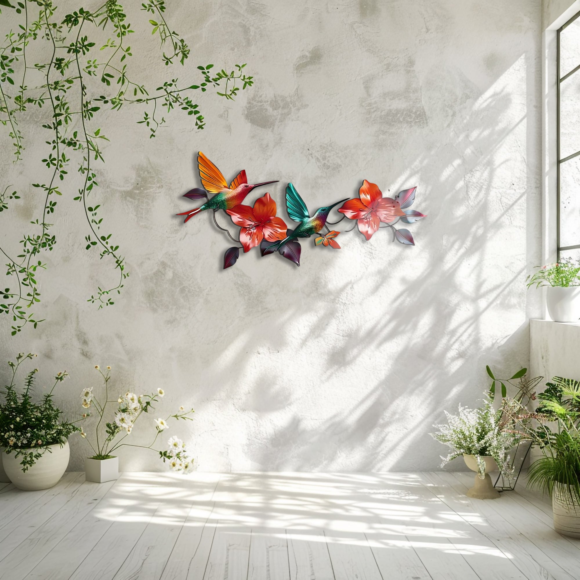 Hummingbird Hibiscus UV printed aluminum metal wall art for tropical living room and patio decor 1