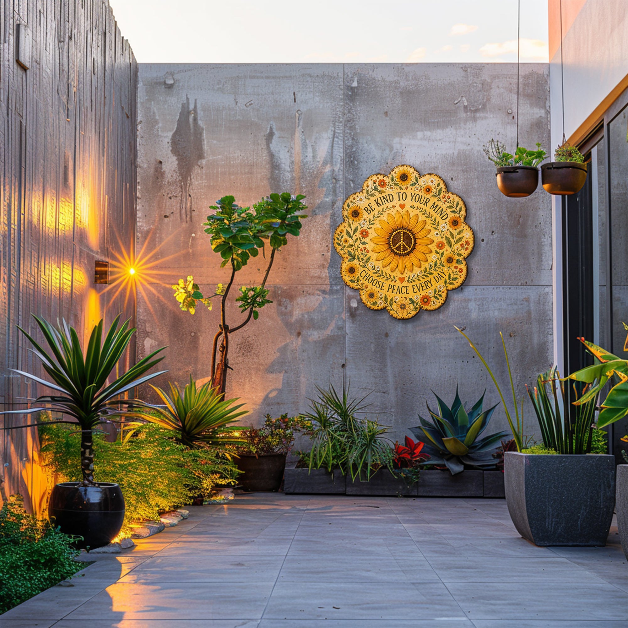 Be Kind Sunflower Peace UV printed aluminum metal wall art for inspirational floral living room bedroom and patio decor 1