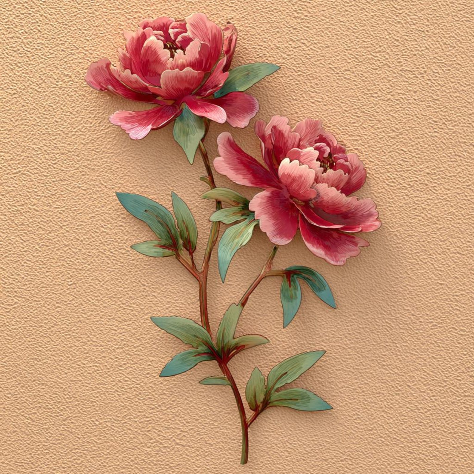 Pink peony stem metal wall art with elegant floral botanical design mounted on textured wall 1