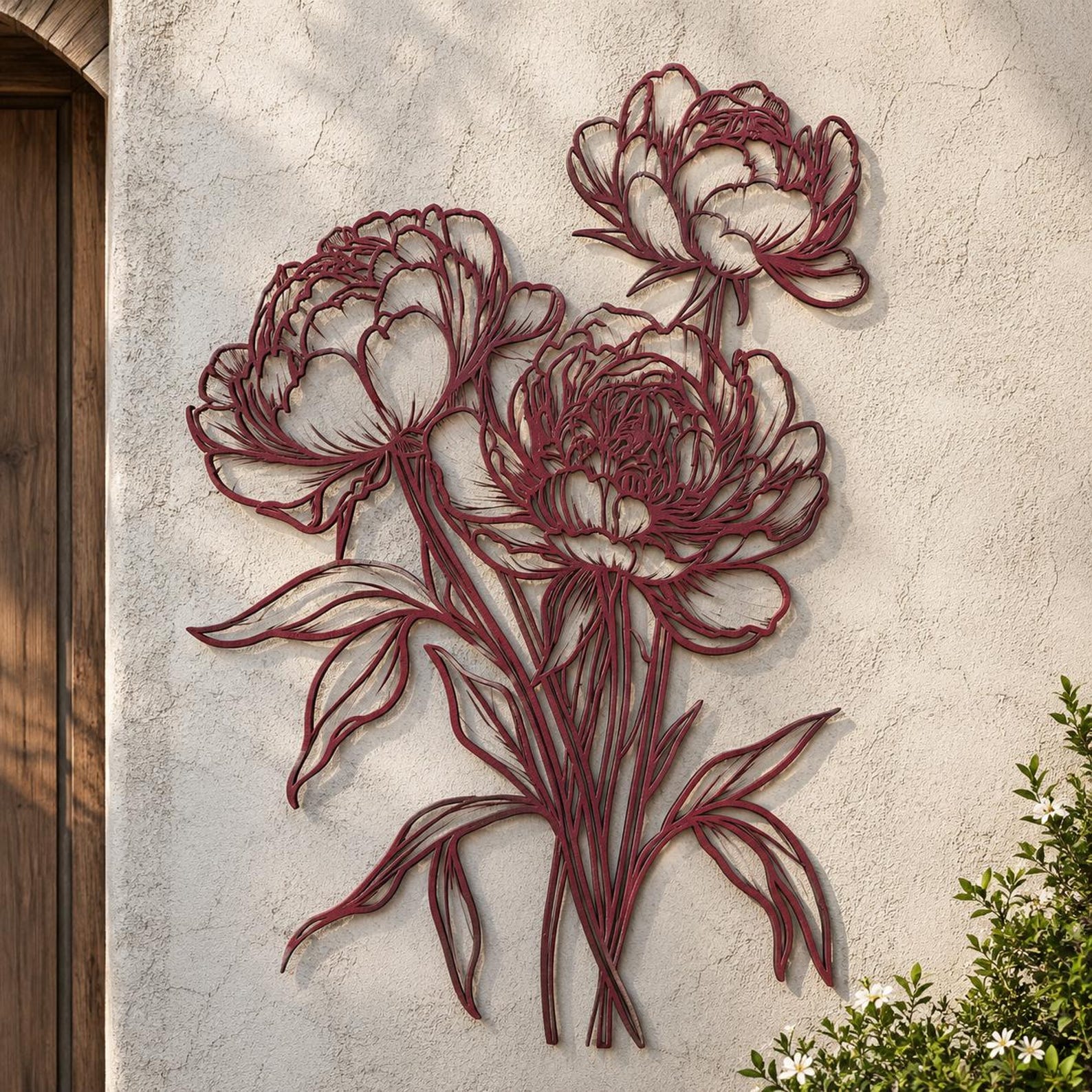 Peony outline metal wall art with elegant floral botanical line art design mounted on textured wall 1