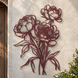 Peony outline metal wall art with elegant floral botanical line art design mounted on textured wall 1