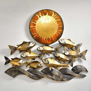 Golden fish metal wall art with ocean waves and sun coastal aluminum wall decor 1