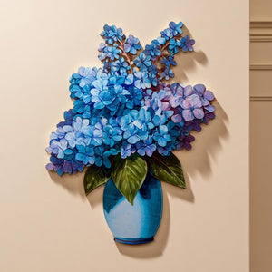 Blue hydrangea bouquet metal wall art with floral vase arrangement 1