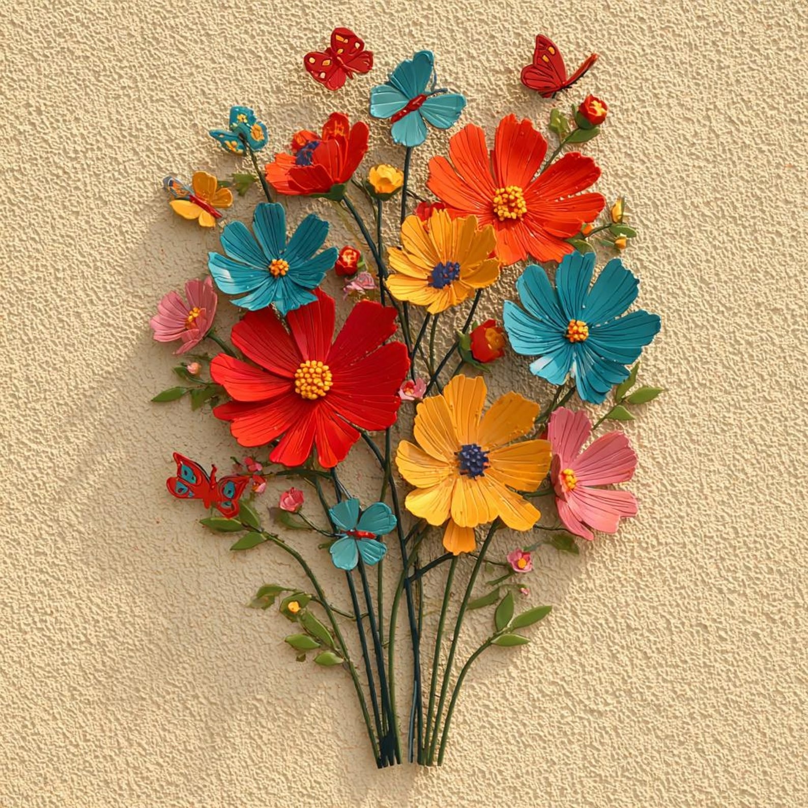 Colorful wildflower metal wall art with butterfly accents and vibrant floral botanical design mounted on textured wall 1