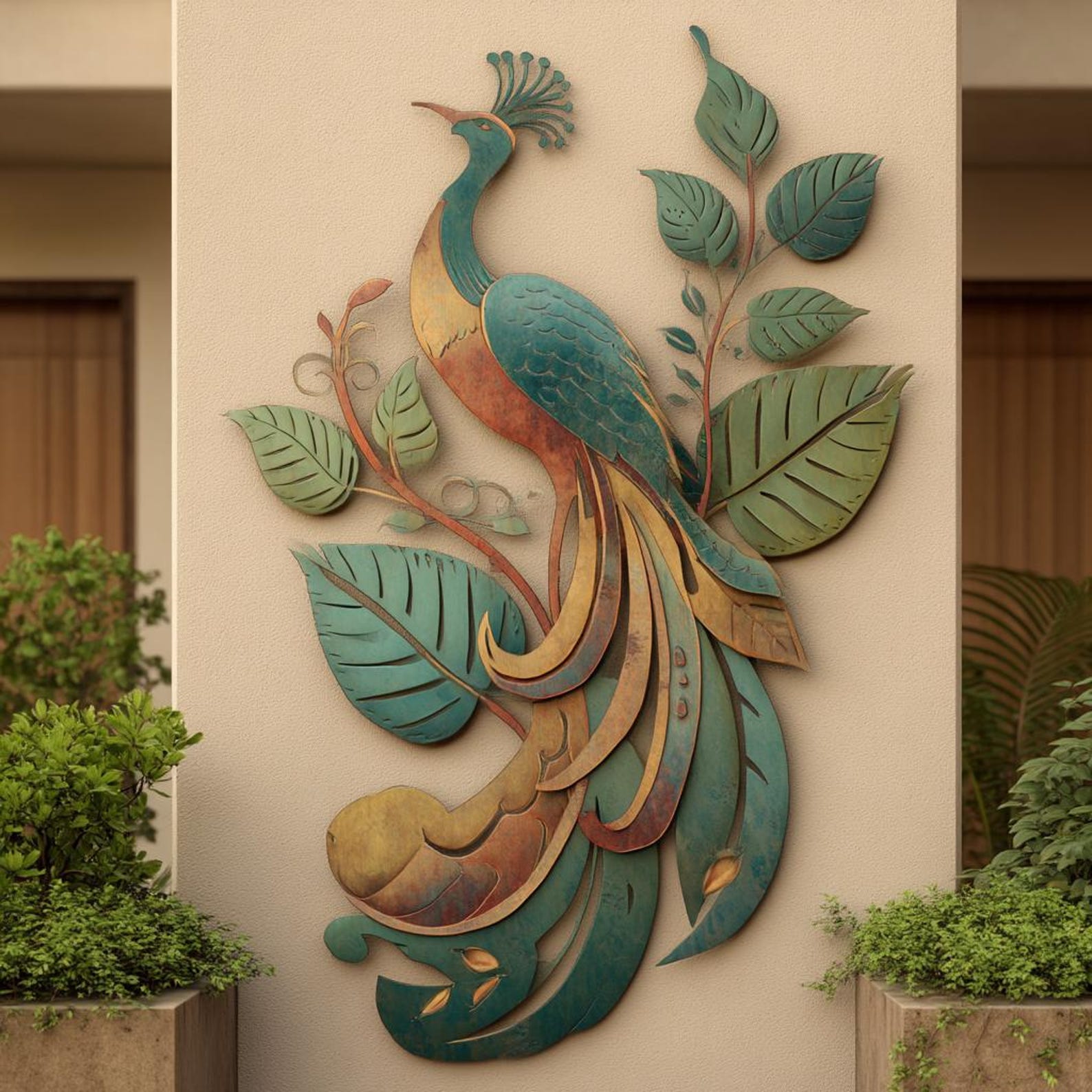 Peacock Leaf UV printed aluminum metal wall art for tropical patio garden and living room decor 2
