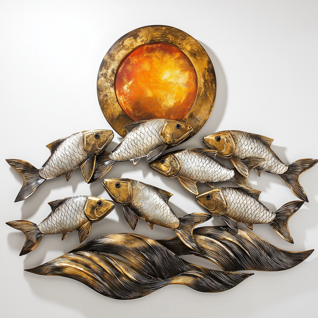 Silver fish metal wall art with ocean waves and sunset coastal aluminum wall decor 1