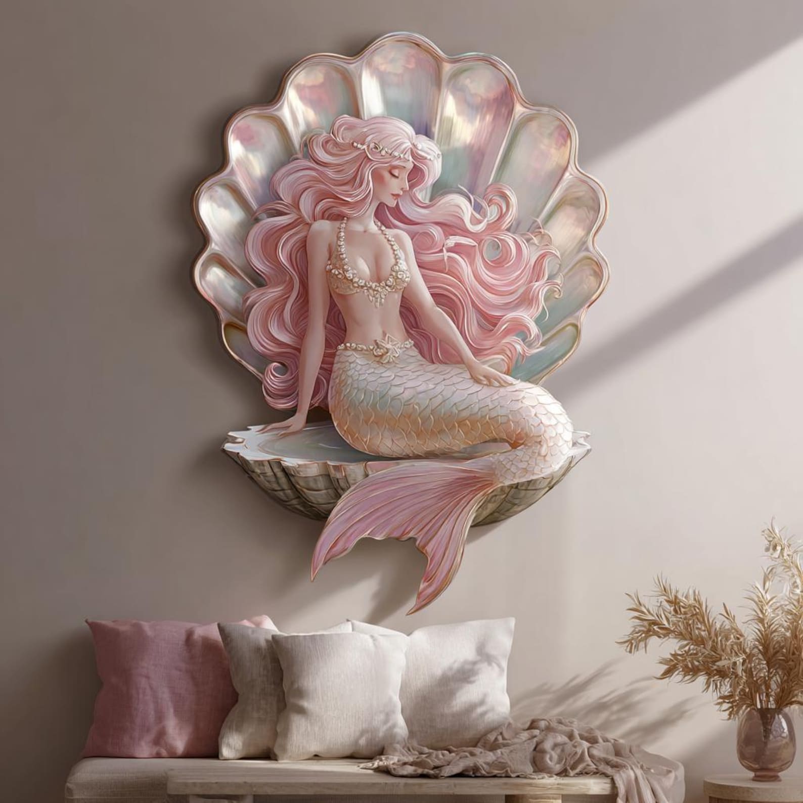 Mermaid Shell UV printed aluminum metal wall art for pastel ocean bedroom nursery and beach house decor 2