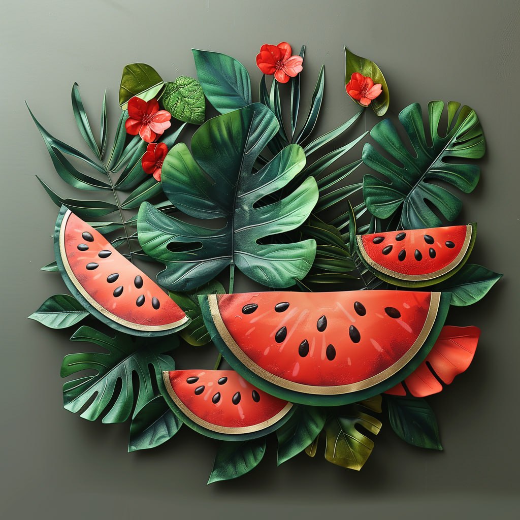 Tropical watermelon wall decor with exotic leaves for boho patio and kitchen spaces 1