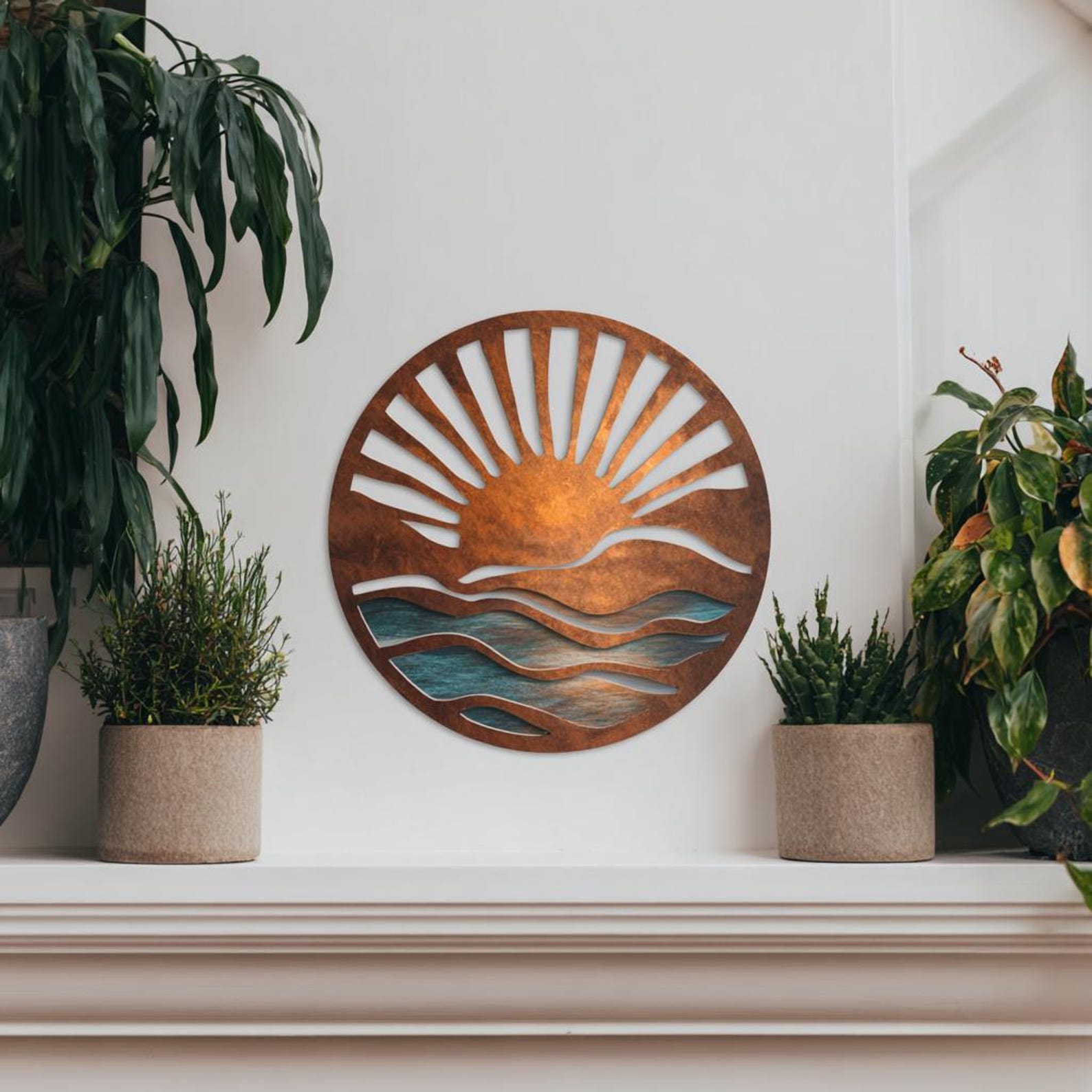 Rustic Ocean Sunrise UV printed aluminum metal wall art for coastal beach house living room and patio decor 2