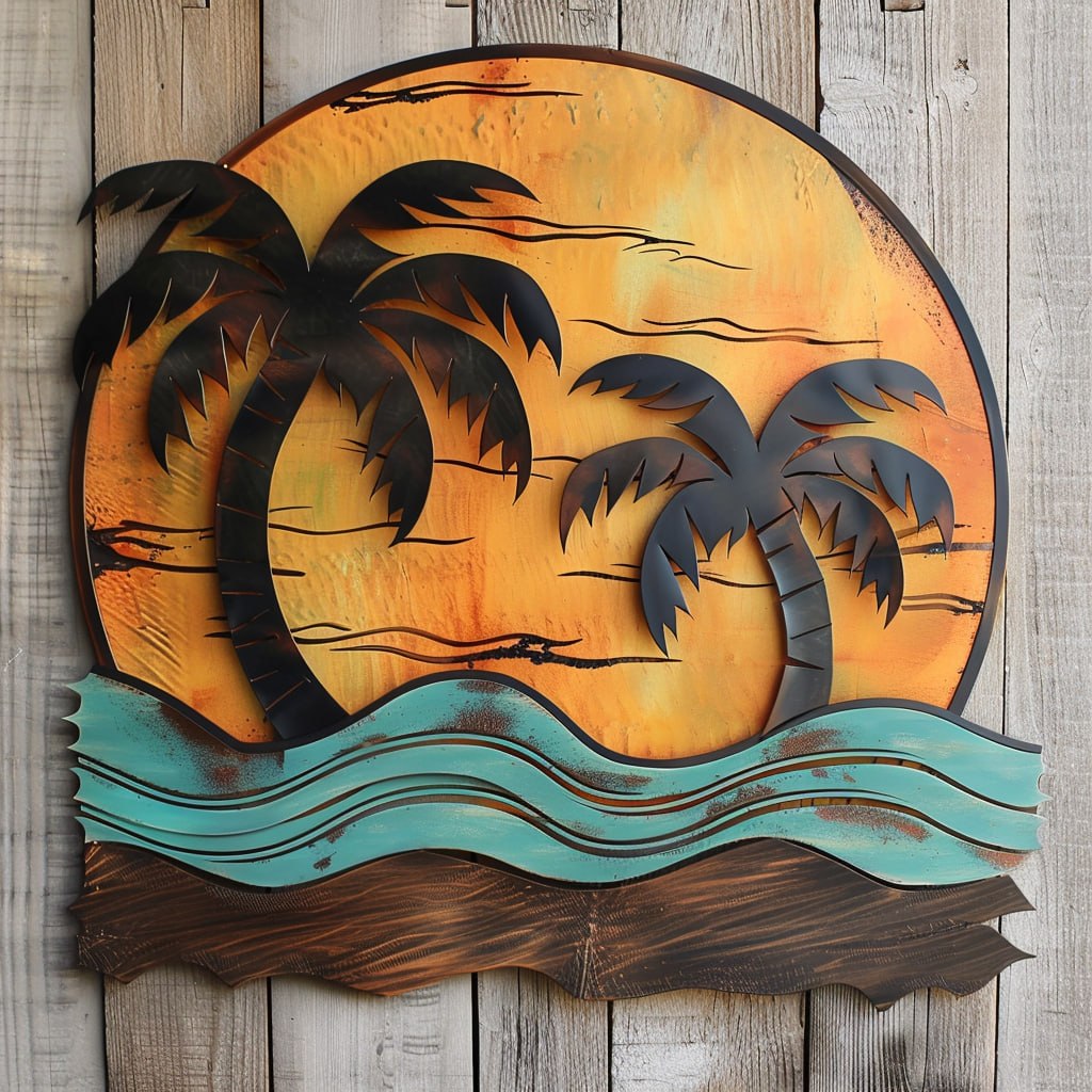 Rustic palm trees metal wall art with dark palm silhouettes weathered golden sun distressed teal waves beach aluminum wall decor 1