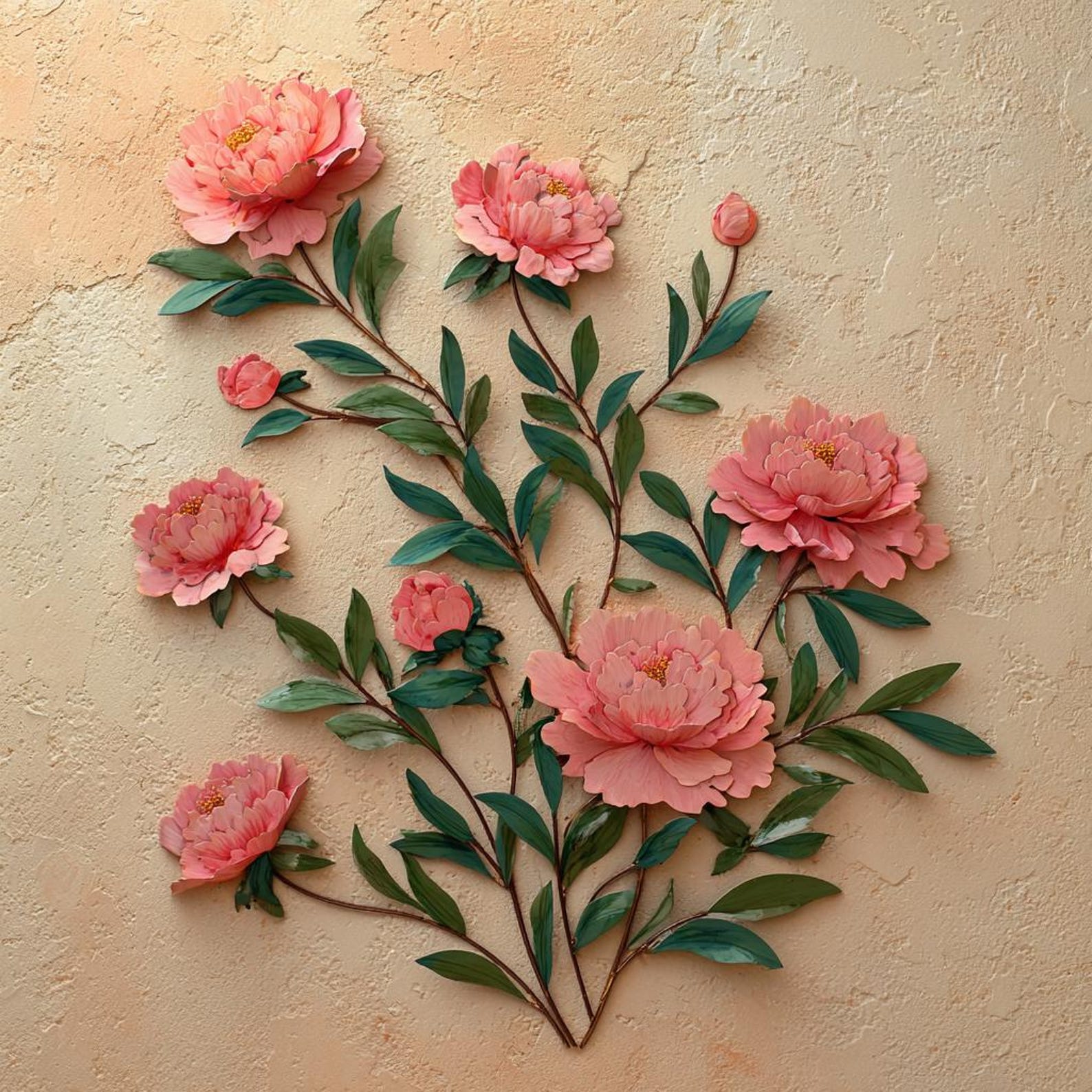 Soft pink peony metal wall art with elegant botanical floral branches mounted on textured wall 1