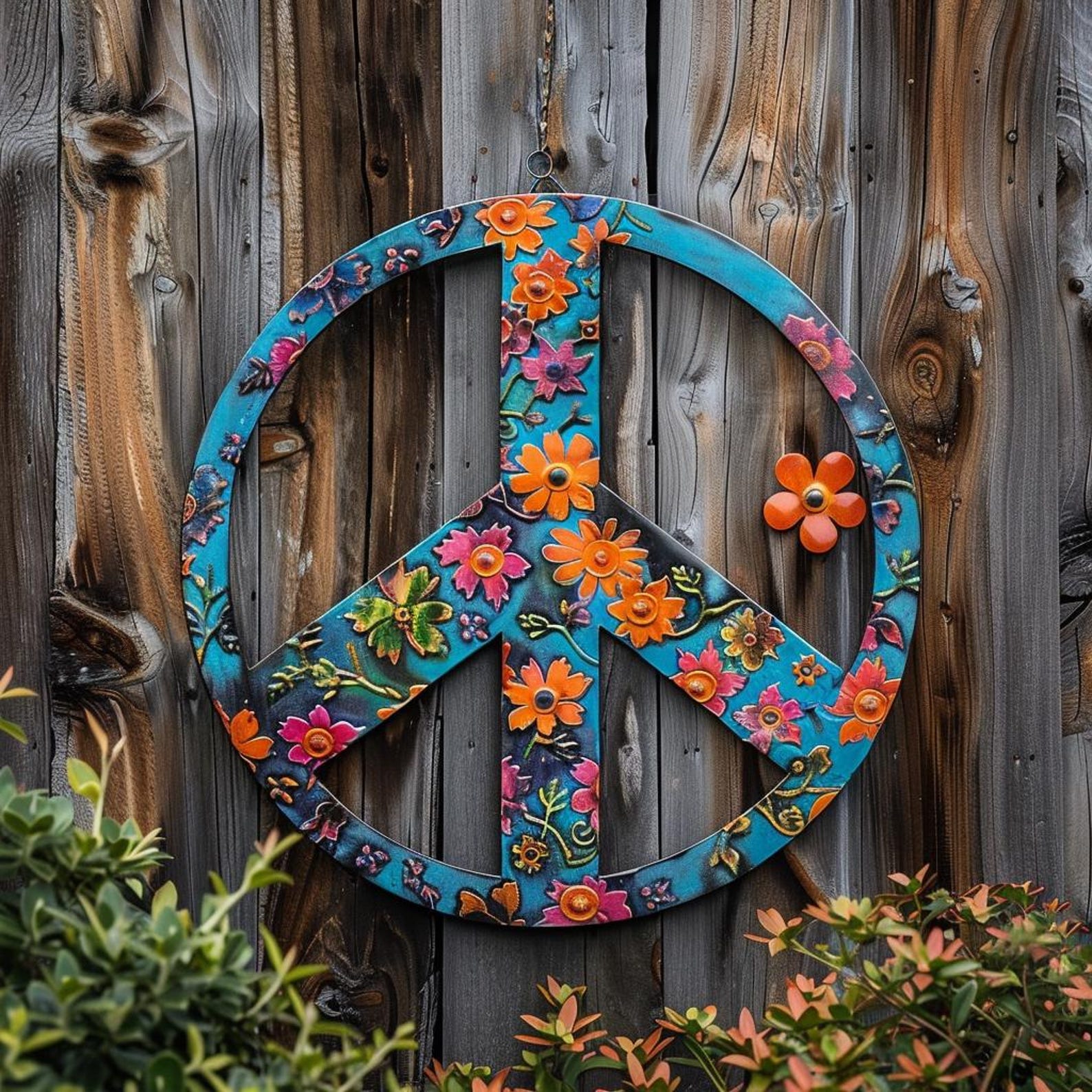 Turquoise Floral Peace Sign UV printed aluminum metal wall art for boho patio garden and living room decor 2