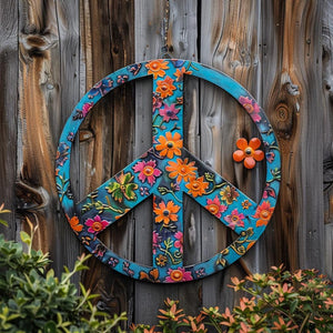 Turquoise Floral Peace Sign UV printed aluminum metal wall art for boho patio garden and living room decor 2