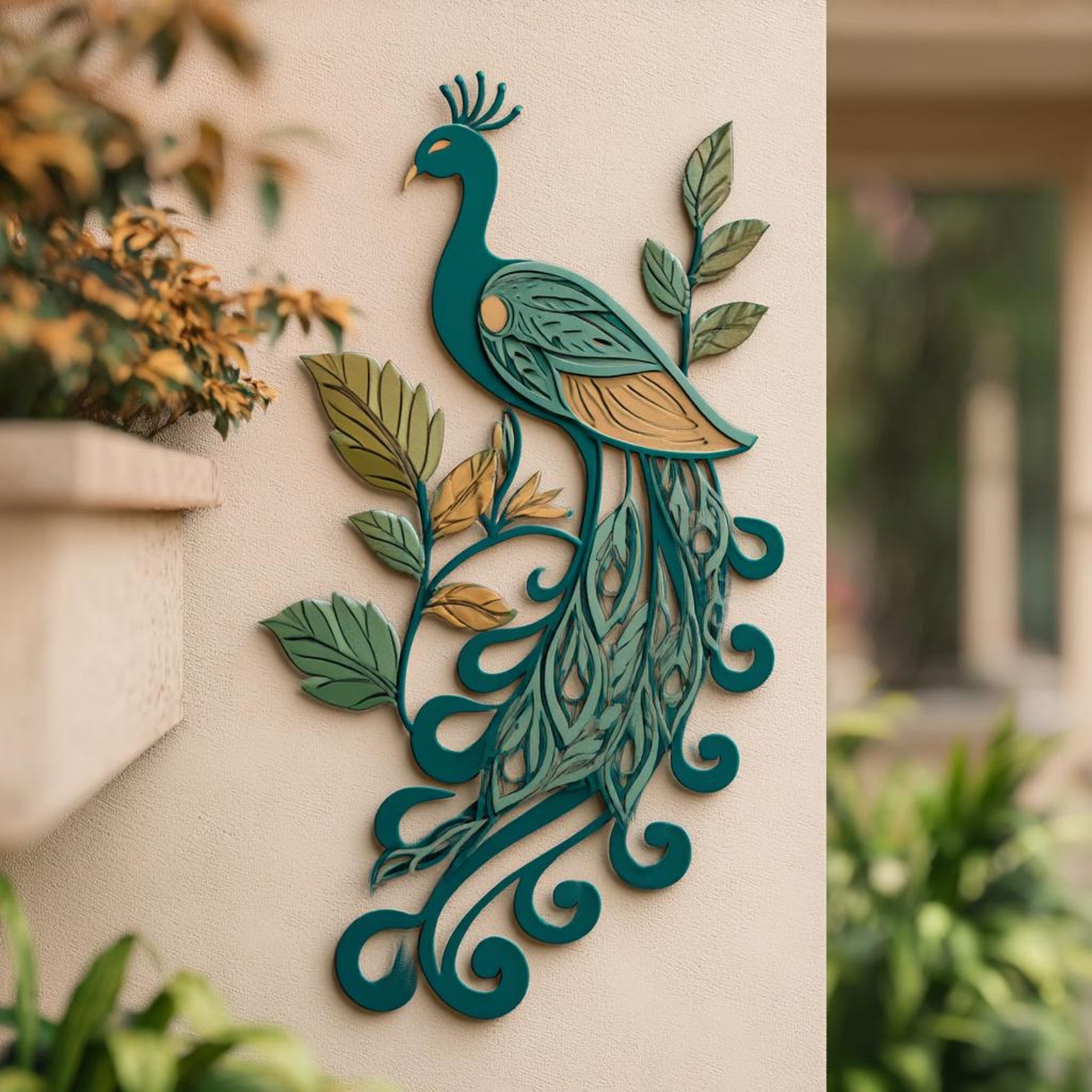 Teal Peacock UV printed aluminum metal wall art for botanical patio garden and living room decor 1