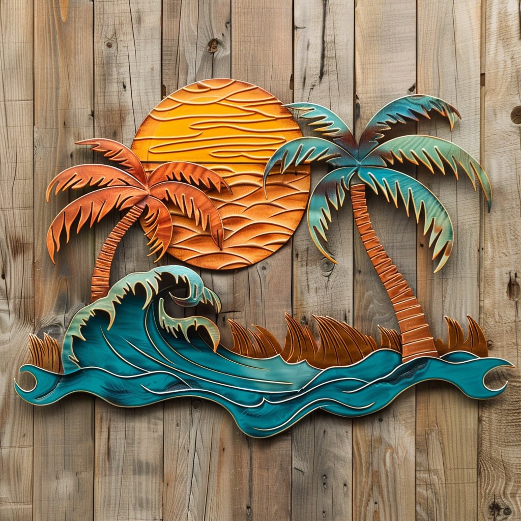 Ocean wave palm trees metal wall art with crashing wave copper sunset sun beach surf house aluminum wall decor 1