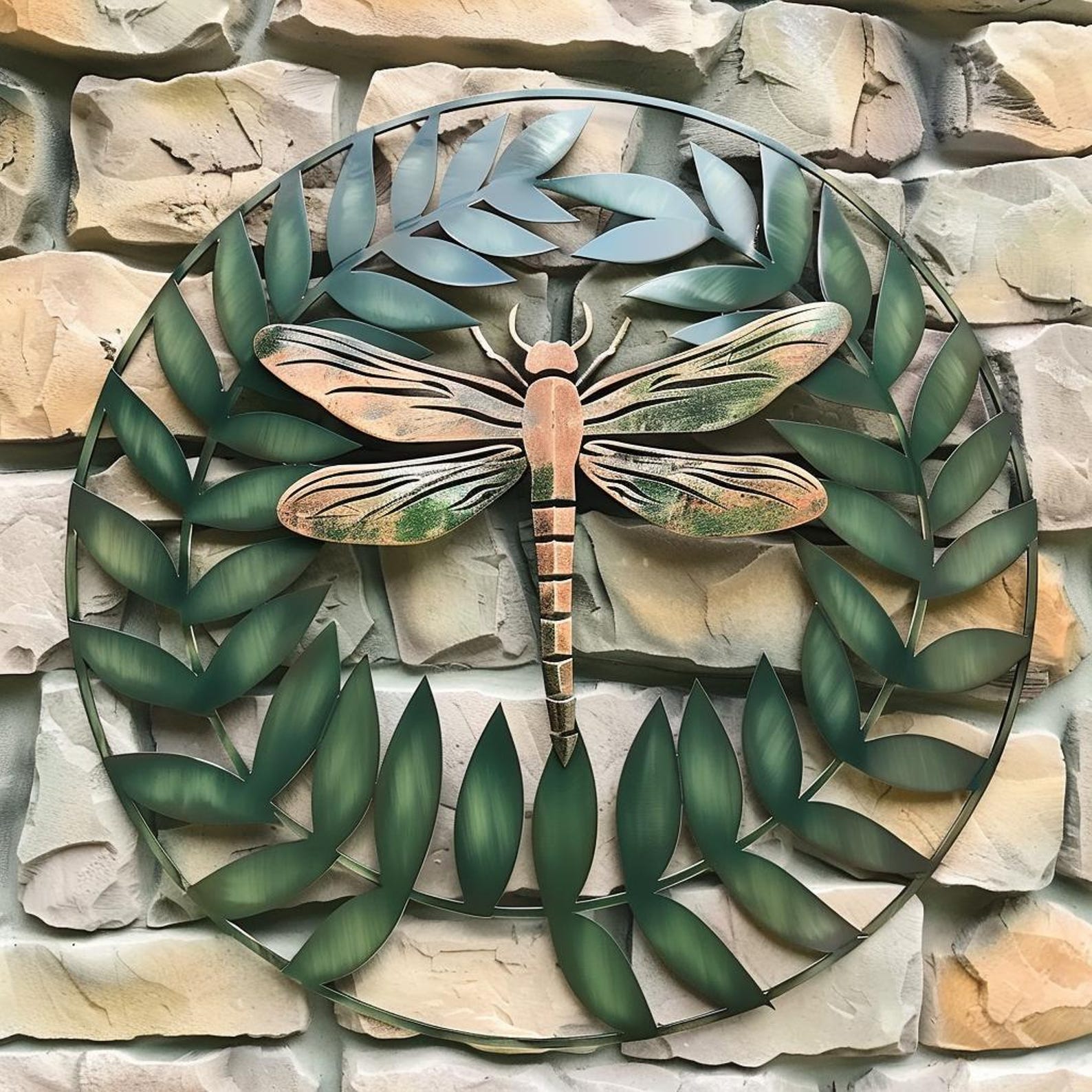 Dragonfly leaf metal wall art with botanical wreath aluminum wall decor 1