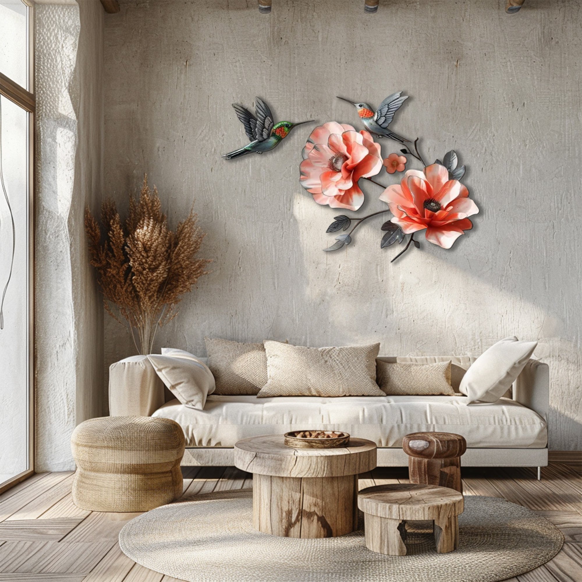 Hummingbird Poppy Flower UV printed aluminum metal wall art for floral living room and patio decor 1