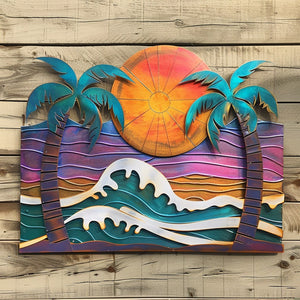 Modern ocean wave palm trees metal wall art with crashing whitecap waves purple sunset sky and framed tropical palm trees aluminum wall decor 1