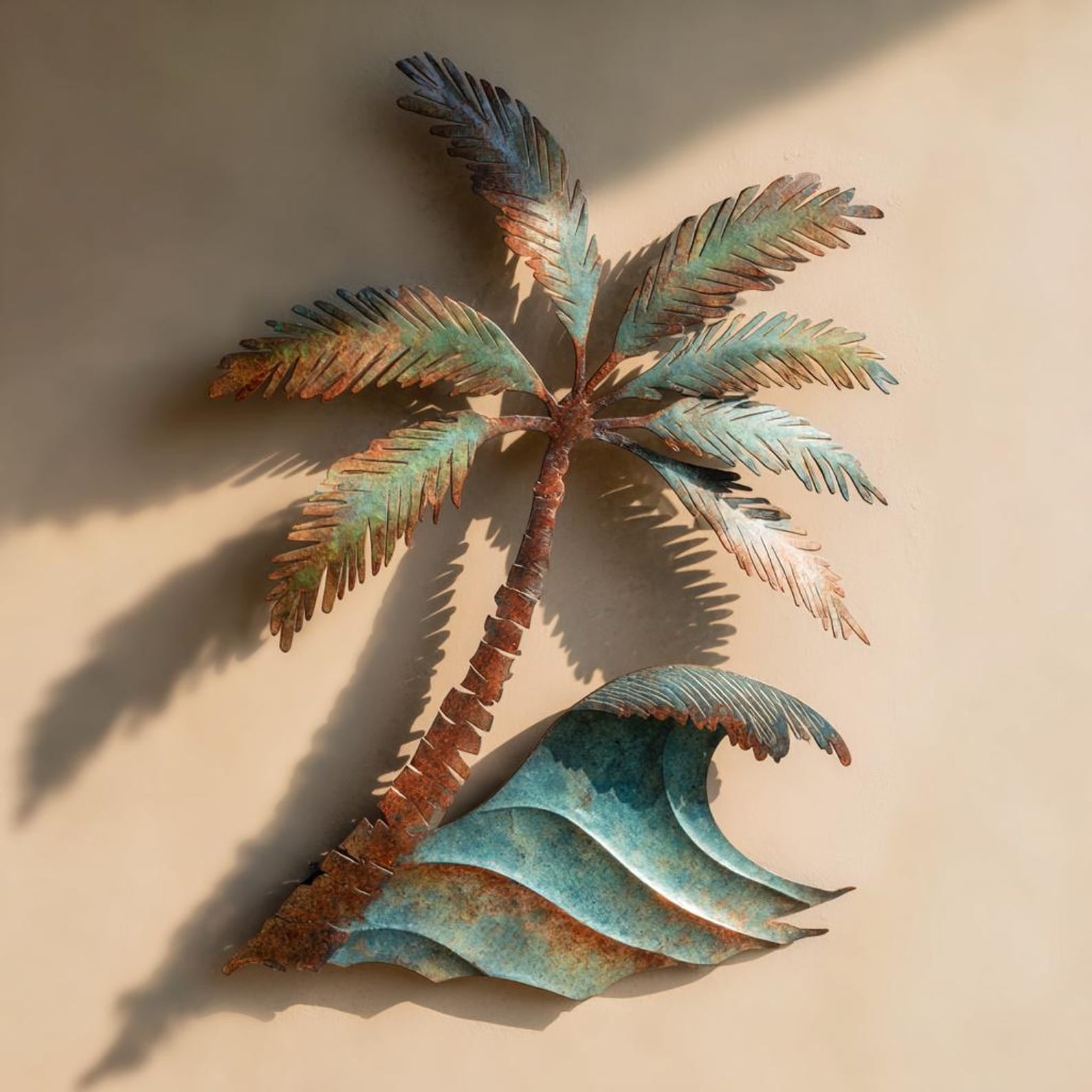 Palm tree ocean wave metal wall art with tropical coastal design mounted on beige wall  1