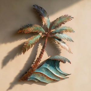 Palm tree ocean wave metal wall art with tropical coastal design mounted on beige wall  1