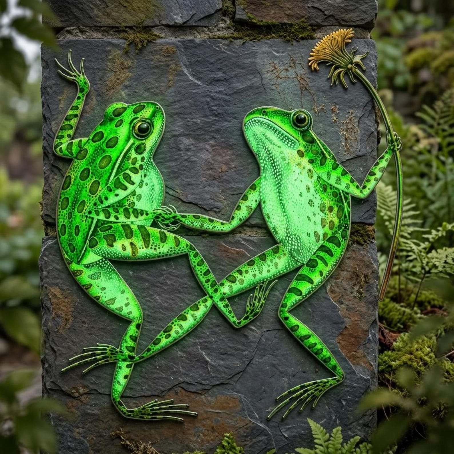Green frog couple metal wall art with flower whimsical garden aluminum wall decor 1