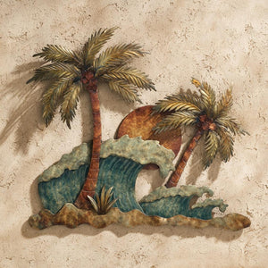 Tropical ocean wave metal wall art with palm trees and sunset coastal design mounted on textured wall 1