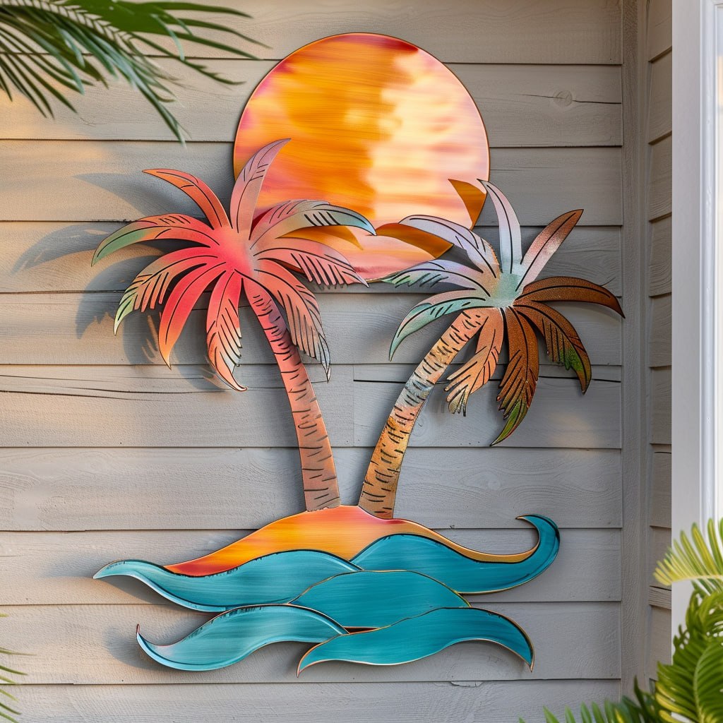 Tropical island palm trees metal wall art with coral sunset sky curling ocean waves and sunset beach aluminum wall decor 1